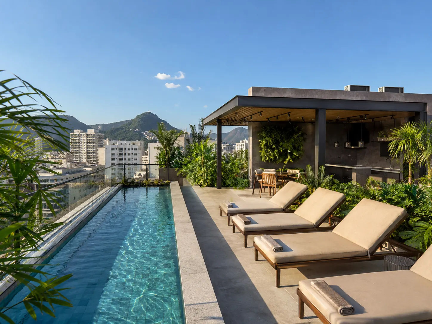 Conceito visual de rooftop residencial com piscina e vista urbana