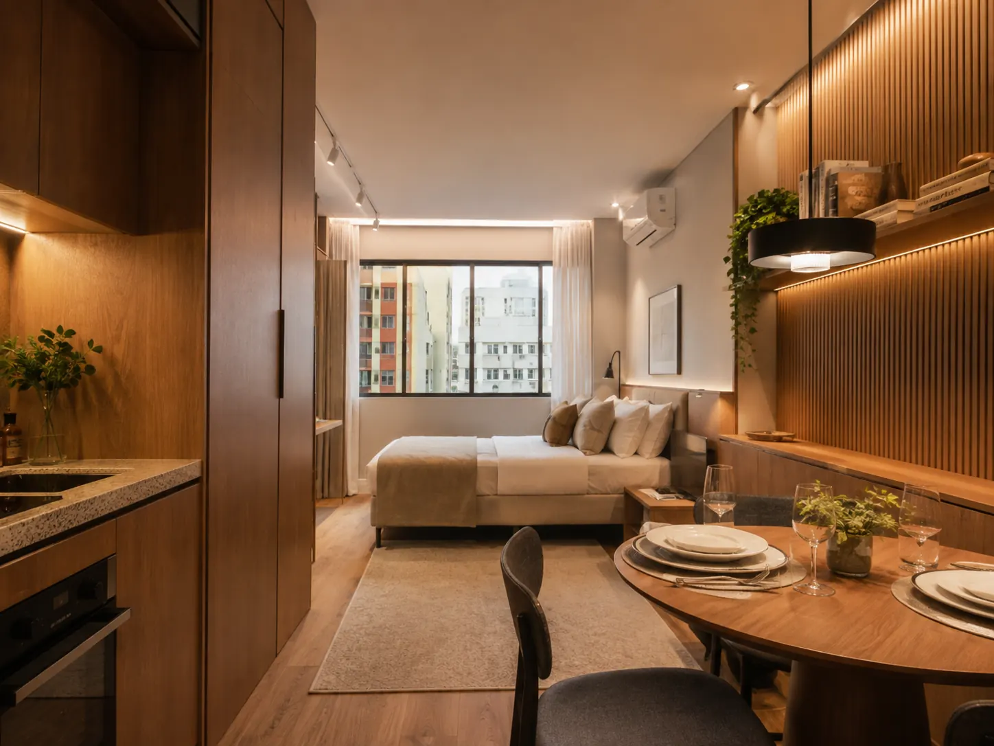 Conceito visual de interior compacto para ilustrar apartamento de 1 quarto em Ipanema