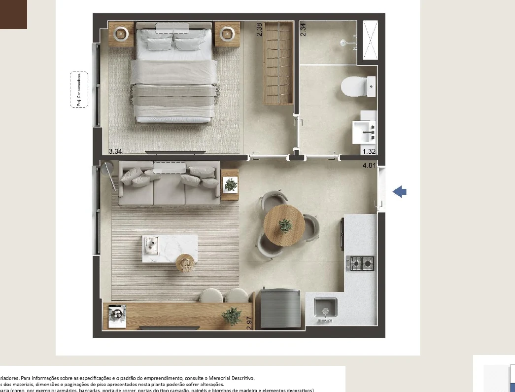 Planta preliminar do apartamento de 1 quarto de 30 m² no Jaguaripe 289
