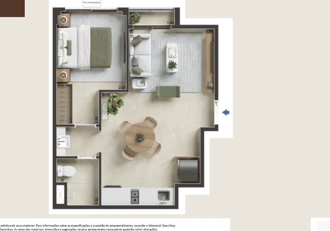 Planta preliminar do apartamento de 1 quarto de 36 m² no Jaguaripe 289