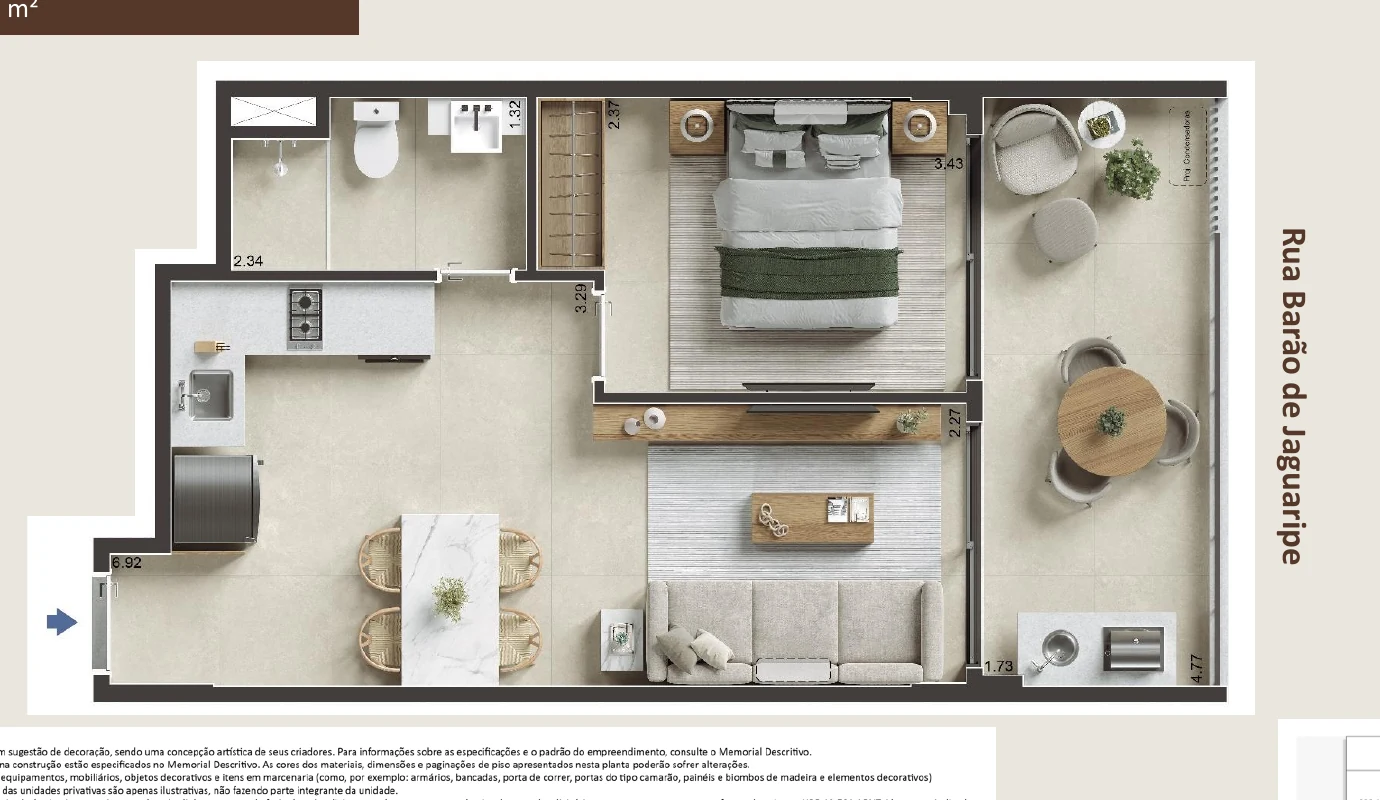 Planta preliminar do apartamento de 1 quarto de 43 m² no Jaguaripe 289