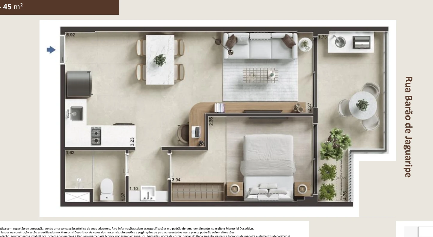 Planta preliminar do apartamento de 1 quarto de 45 m² no Jaguaripe 289