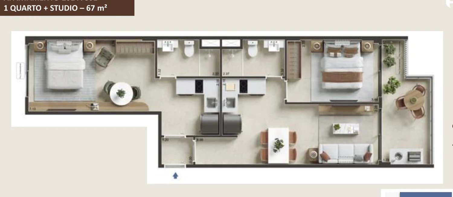 Planta preliminar do apartamento double de 67 m² com 1 quarto e studio no Jaguaripe 289